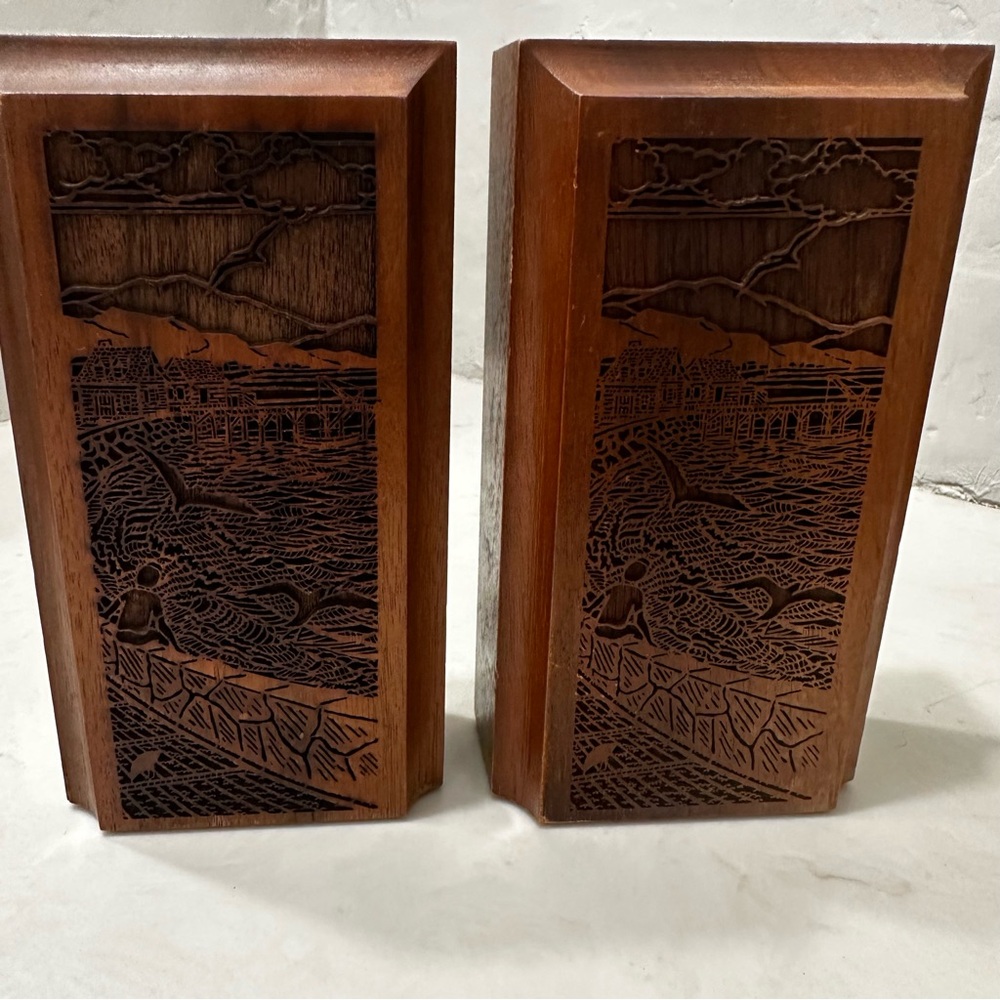 Vintage Lasercraft Laser Engraved Walnut Bookends Coastal Theme